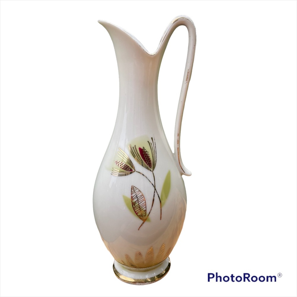 Bareuther Waldsassen Bavaria Pitcher Vase Gold Pinecone Wheat Leaves 8.5”